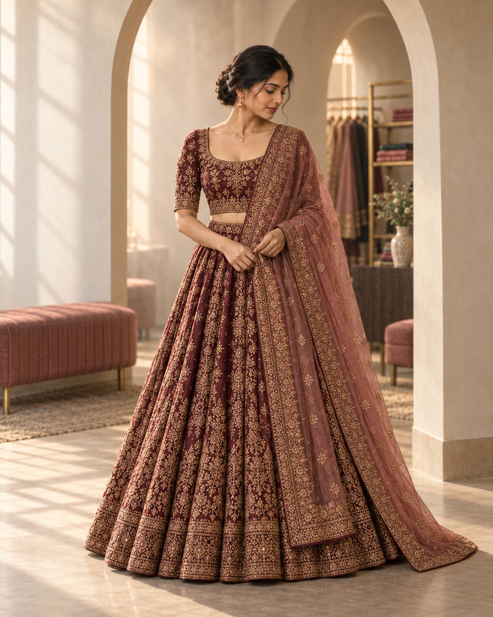 Wine bridal lehenga with fine gold embroidery