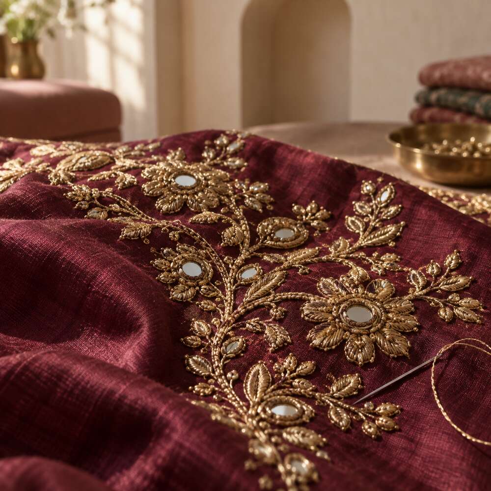Antique gold zardozi embroidery on wine silk with a threaded needle