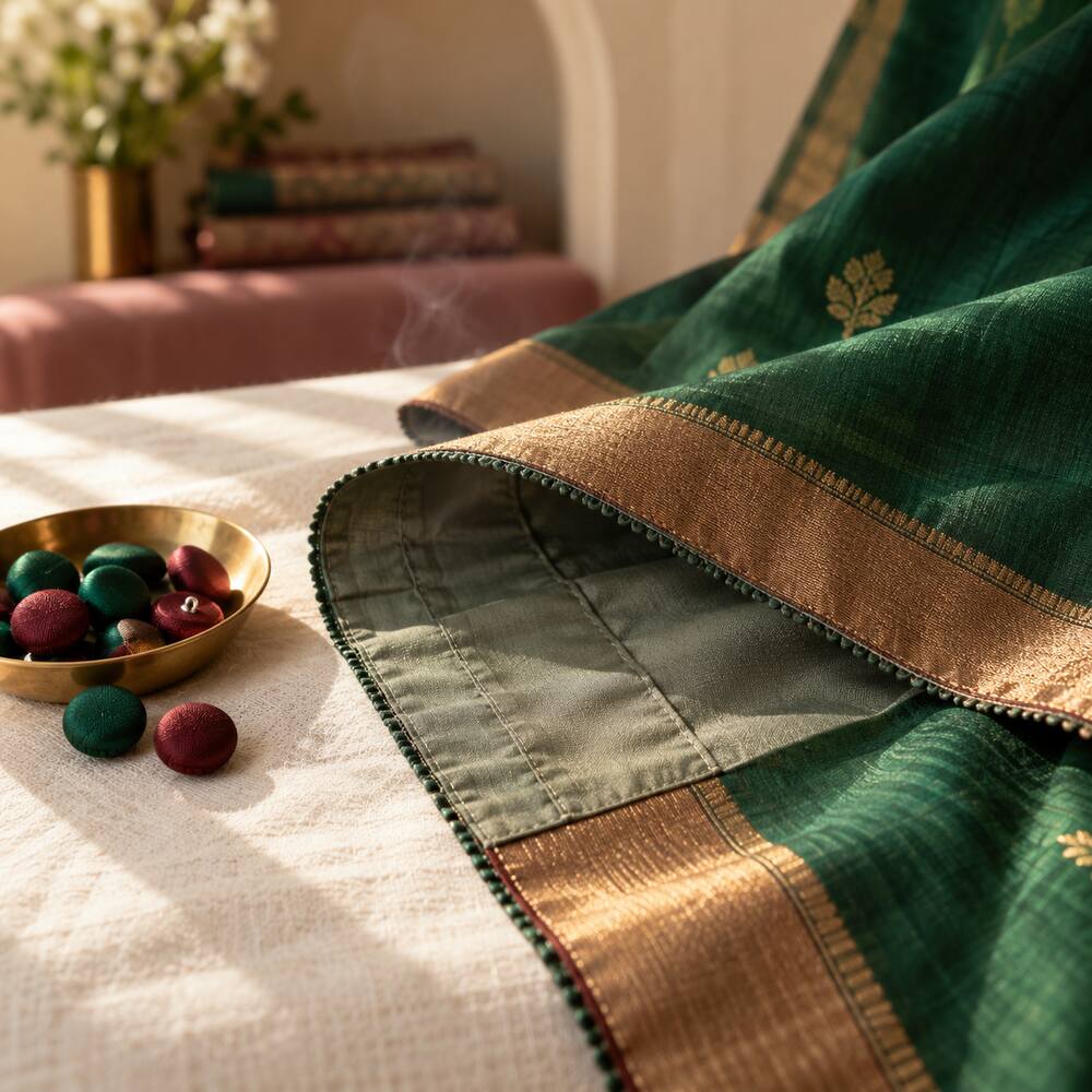 Pressed saree hem with a stitched fall, pico edge and fabric-covered buttons