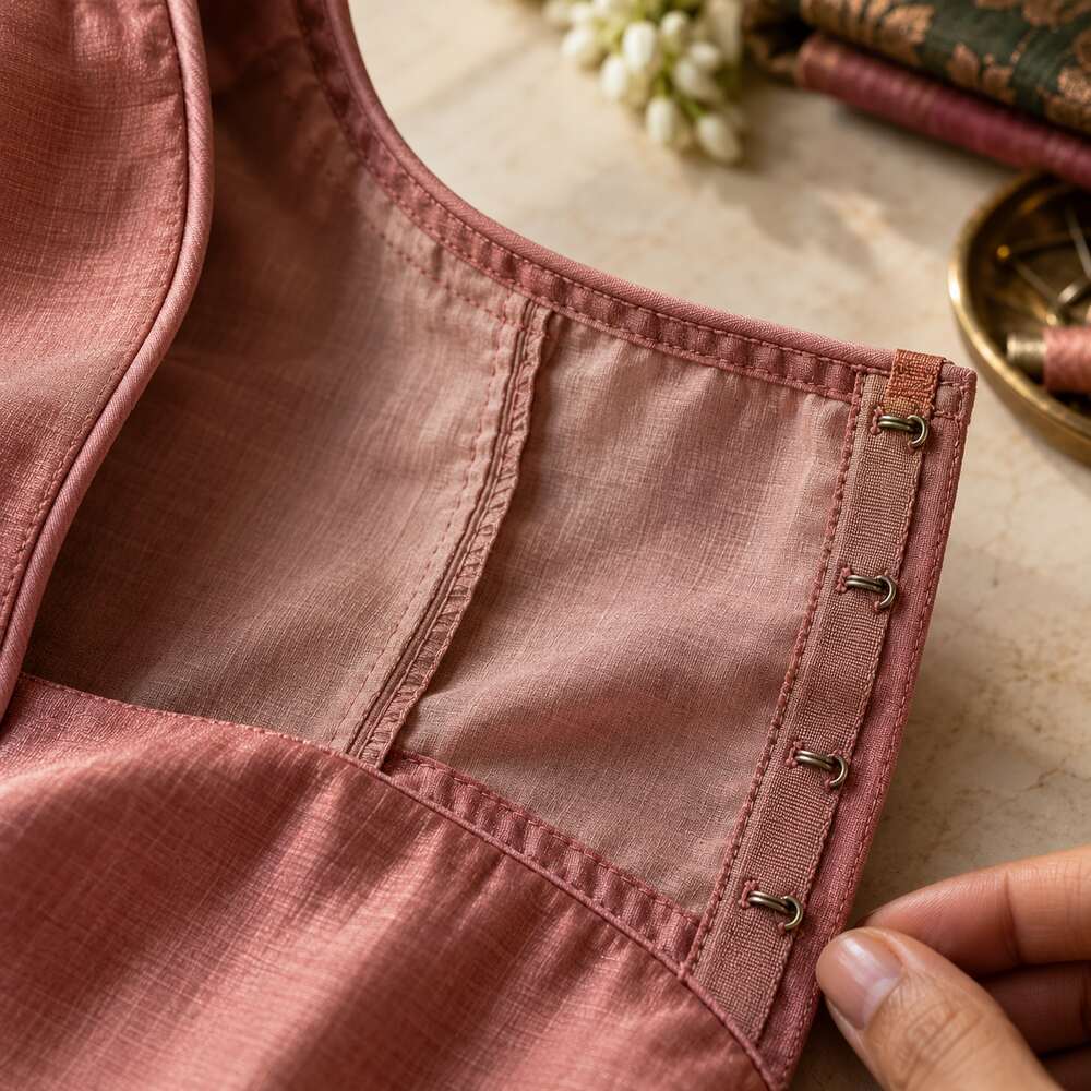 Inside of a dusty rose blouse with a finished seam, piping and hooks