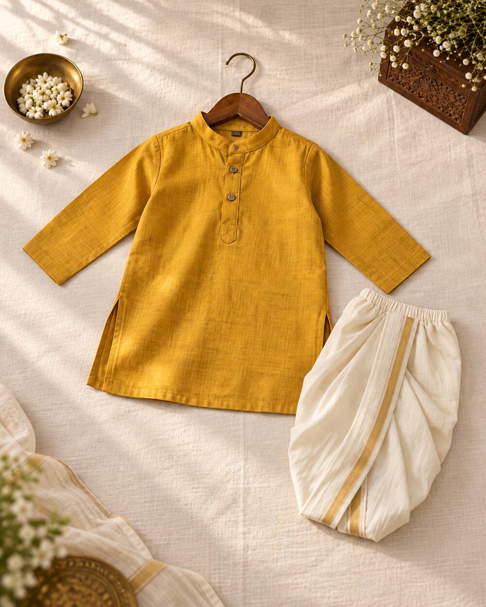 Mustard children’s kurta and ivory dhoti, sample styling inspiration