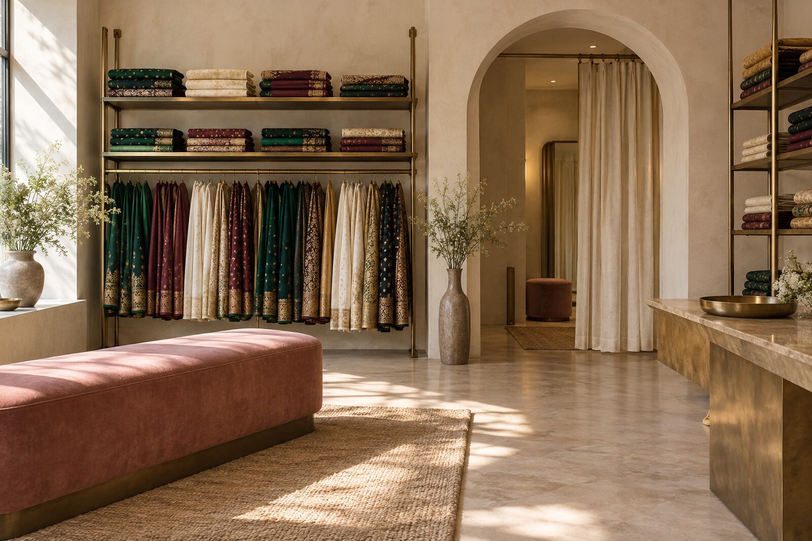 Sunlit boutique interior with saree rails and a rose bench